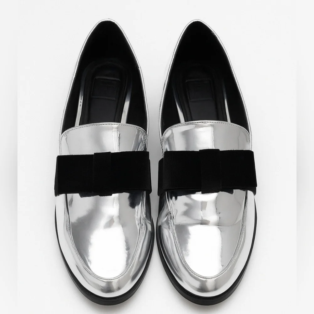 Simply Be Sole Diva Silver Bow Loafers Sz 9EEE = 11 Extra Wide - Picture 2 of 2
